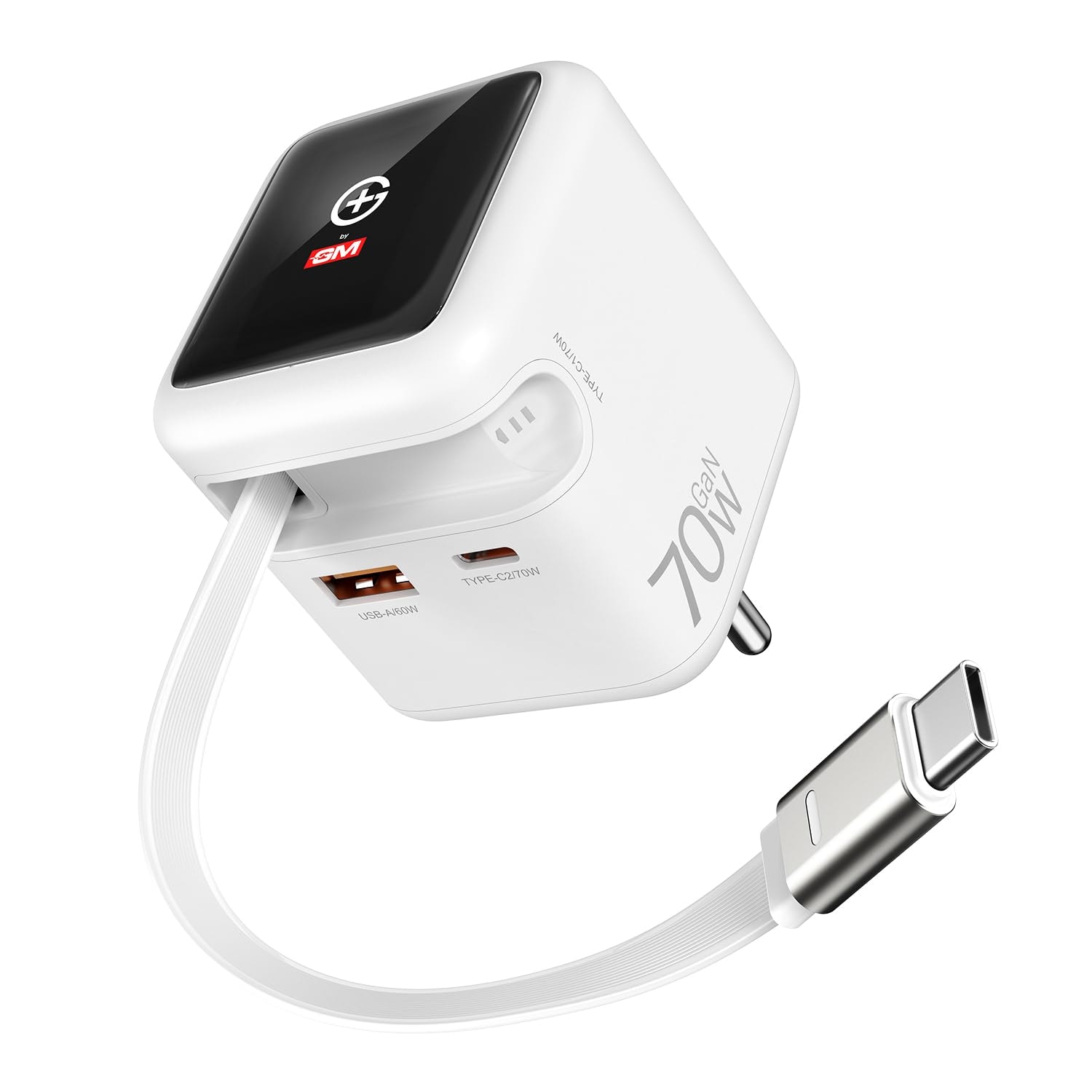 GM G+ DisplayPulse 70W GaN Charger, 3 Ports: USB-C&A,80cm Retractable Cable |TFT Floating UI Display|Travel Friendly| MacBook Air-M4, DSLR, iPhone 12-18 Duo,Smartphones,Tablet|1 Year Warranty